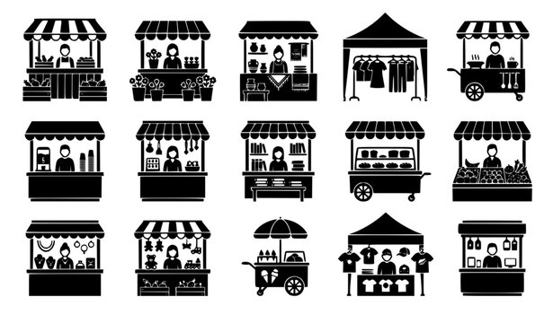 Street food market stall icon set with local vendor booths clothing tents and kiosk carts for festival fair vector illustration elements