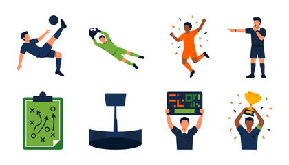 Naklejka premium Set of Soccer Football Characters and Match Elements with Player Kicking Ball Goalkeeper Referee Tactic Board and Trophy Celebration Vector Illustrations