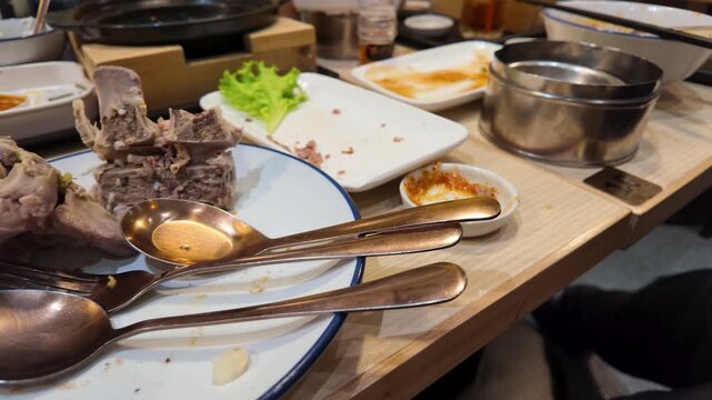 Leftover Beef Rib Bones and Dirty Plate in Restaurant