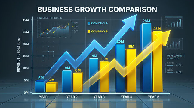 Business growth comparison chart with rising blue arrow