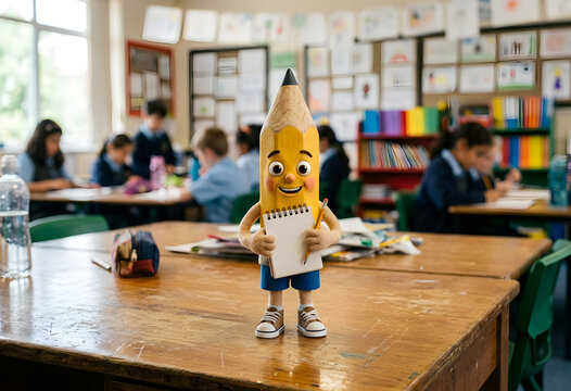 Cute animated pencil character holding notepad in a classroom
