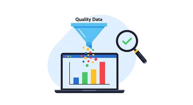 Modern digital visualization showing data cleansing process with a funnel filtering information into a laptop bar chart display for professional analytical reporting and statistical insight management