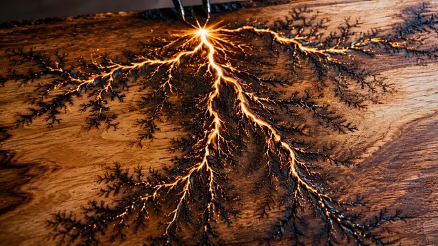 Lichtenberg figure wood burning with high voltage electricity creating fractal patterns.