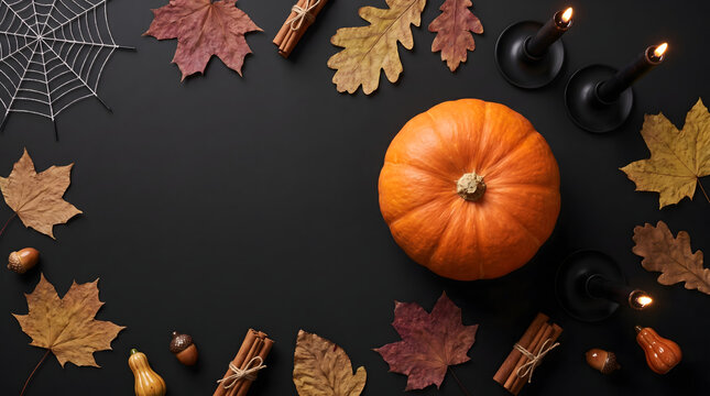 Halloween Pumpkin Flat Lay with Autumn Leaves and Black Candles