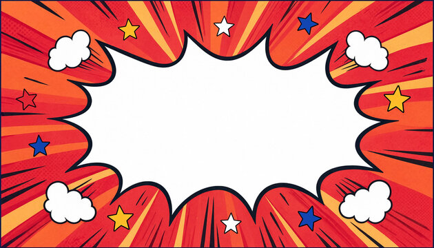 Empty comic book burst speech bubble with stars and clouds, isolated on transparent background, for text and design, vibrant pop art style.