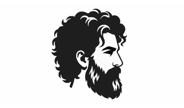 Rugged Bearded Man Side Profile Vector Portrait with Curly Hair Black and White Silhouette
