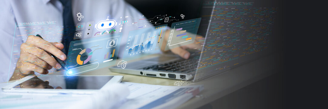 Business professional using AI-powered analytics and coding tools to manage data, automate workflows, monitor performance, and support software development through intelligent digital technology.