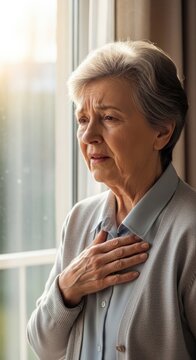 Elderly woman experiencing chest pain, symbolizing heart health issues, cardiovascular disease, and the need for medical support and prevention strategies for seniors