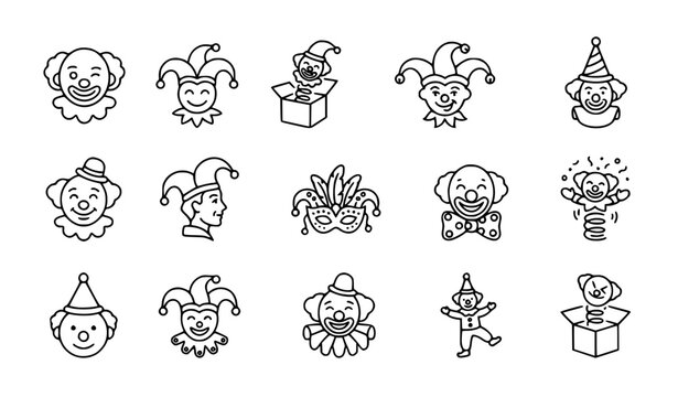 Winking clown jester and jack in the box playful editable line icon collection