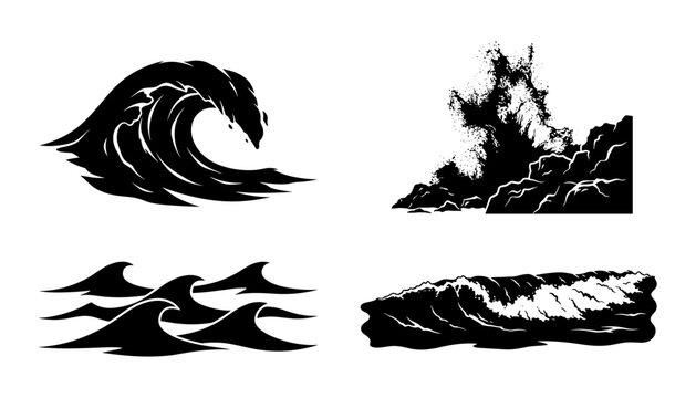 Ocean waves and sea splash vector set featuring dramatic surfing barrels tsunamis crashing rocky cliffs and repeating water crest silhouettes.