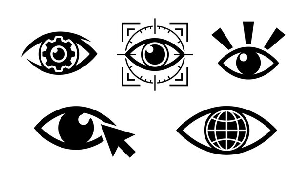 Biometric eye scanning and digital vision tracking icons vector set featuring target reticle gear pupil world globe and interface cursor arrow.