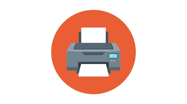 Modern printer vector illustration featuring a grey office machine inside an orange circle flat design icon