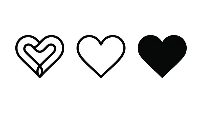 Minimalist collection of three black heart icons, featuring outline and solid fill designs, symbolizing love and affection, isolated on transparent background for modern graphic design projects.