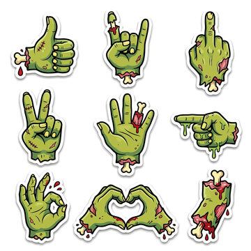 Halloween Zombie hand stickers set with 9 cartoon undead gestures. Green monster hands with severed bones and blood. Horror hand signs vector collection. isolated on White Background Vector
