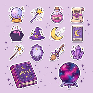 Halloween Mystical magic sticker set with 14 vector icons. Purple witchcraft elements including spell book, crystal ball, and potion bottle. isolated on White Background Vector