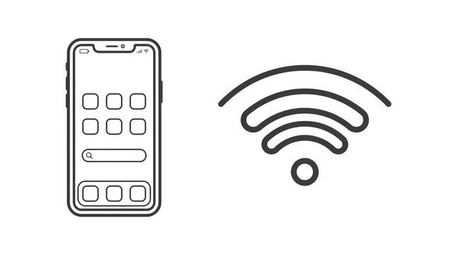 Smartphone outline icon with Wi-Fi signal symbol isolated on transparent background