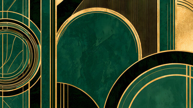 A background featuring abstract shapes and vintage emerald green, gold, and black patterns, this design conjures an aura of opulence and glamour