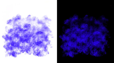 Fototapeta premium Blue smoke clouds on white and black backgrounds, ethereal purple vapor mist texture, abstract ink splash effect for graphic design