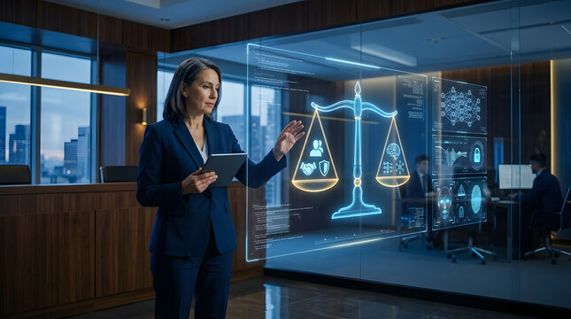 Female lawyer interacting with holographic scales of justice virtual screen in modern office