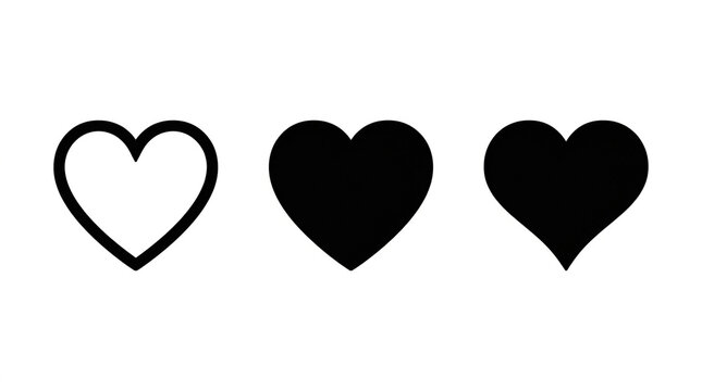 Three black and white heart icons, outline and solid, isolated on white background