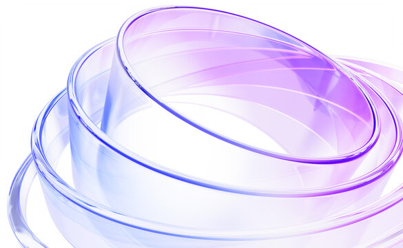 Glass circle 3d background - light holographic transparent rings with pink blue purple neon gradient render. Abstract modern wallpaper, futuristic tech. Circular ripple motion effect