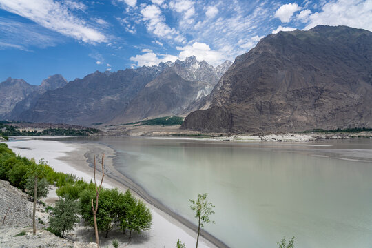 Colorful mountain landscape view of Indus river valley in summer near Skardu, Gilgit Baltistan, Pakistan