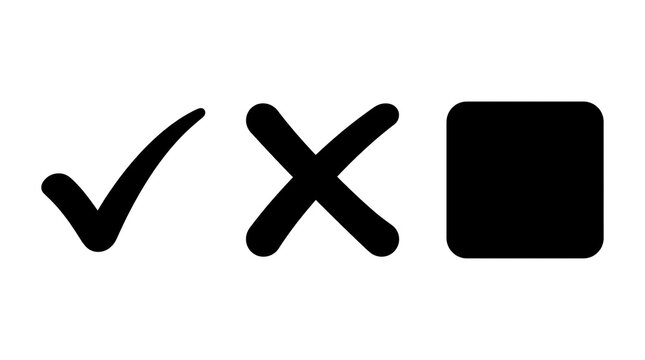 Three black check, cross, and square icons isolated on transparent background