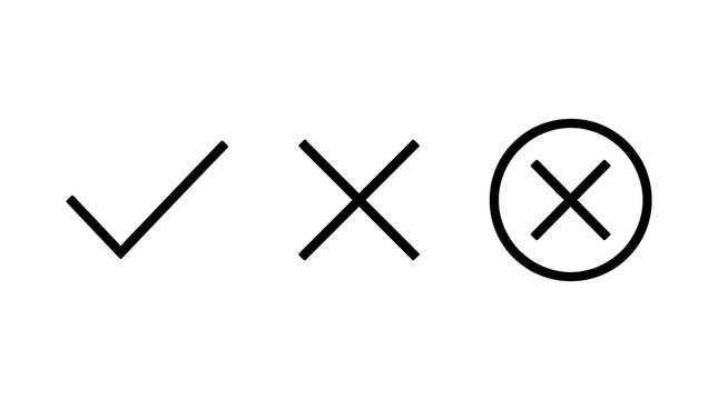 Three minimal validation icons in black outline, featuring a checkmark, cross, and circled cross, isolated on transparent background for user interface design and status indication.