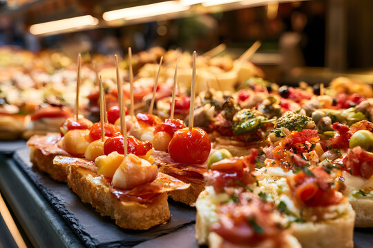 Explore tapas and pinchos at a Spanish food market. Discover traditional Spanish gastronomy. Small portions, a perfect European travel snack