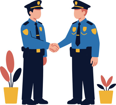 Two police officers shaking hands in a flat illustration style