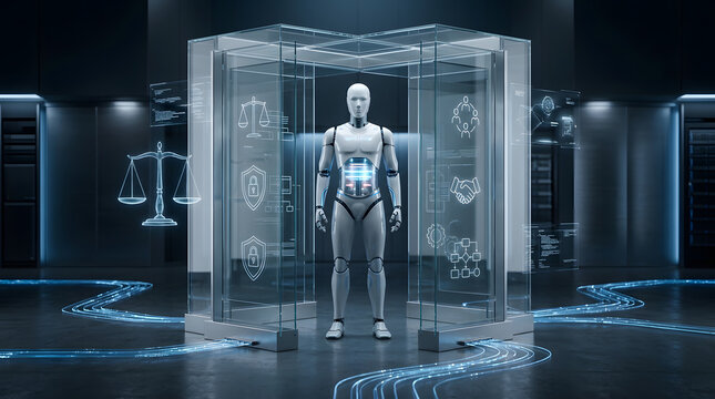 AI Robot Navigating Complex Legal and Ethical Frameworks in a Futuristic Digital Environment