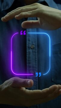 Businessman open hands vertical shot protecting glowing rectangular rounded quote textbox frame mockup banner display. Customer review testimonial, statement frame, and dialog message box concept.