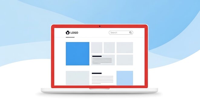 A modern flat style illustration of a sleek red laptop displaying a clean website interface template layout on a soft abstract blue wave background for web development and digital design projects