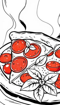Pepperoni pizza slice with tomato and basil monochrome outline drawing food vector illustration, savory pepperoni, vector art