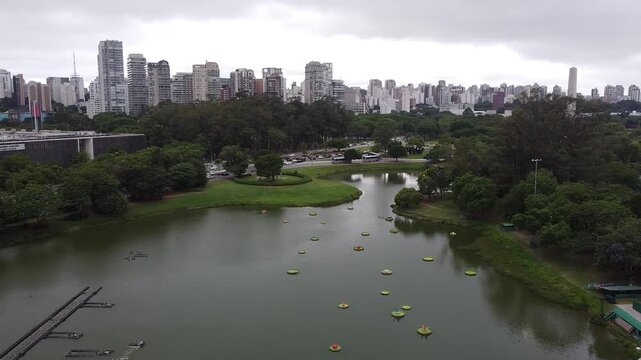 Drone footage Aerial view Ibirapuera Park (Parque Ibirapuera) in S&atilde;o Paulo | Brasil
