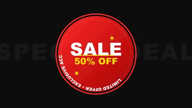 Red circular sale badge motion graphic with fifty percent discount and limited offer text on dark background for retail promotion