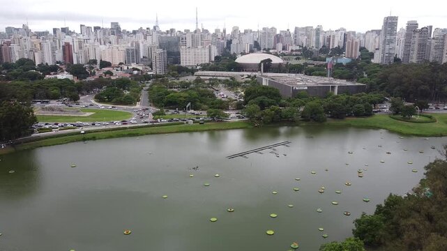 Drone footage Aerial view S&atilde;o Paulo view from Ibirapuera Park (Parque Ibirapuera) | Brasil