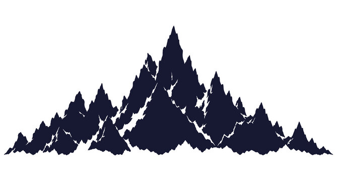 Silhouette of rugged mountain range with sharp rocky peaks, ridge line graphic cutout illustration isolated on a transparent background.