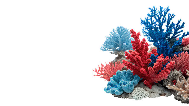 Beautiful colorful underwater sea coral reef cluster isolated on a white background