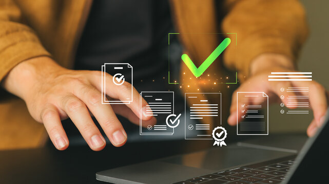 Businessman Using Digital Touchscreen Interface with Checking Marks and Certification Icons