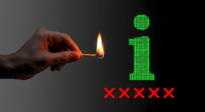 Hand lighting a match near a digital human figure with red crosses