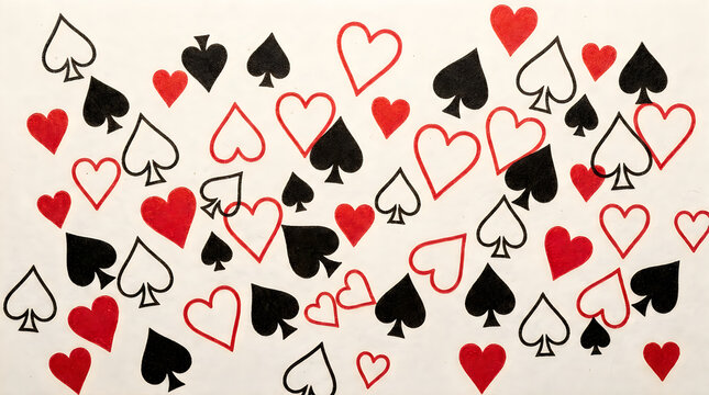 Playing card suits pattern with red hearts and black spades illustration