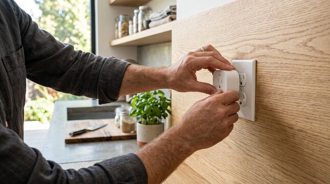 Close-up of a person's hands carefully plugging a smart home device into a wall outlet, integrating modern technology into a contemporary kitchen for enhanced convenience and automation