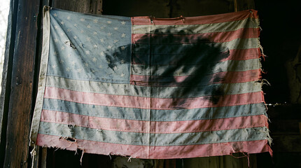 Fototapeta premium Tattered worn American flag hanging in dark room.