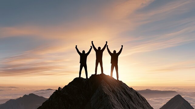 Silhouette of three people on mountain peak at sunrise, holding raised fists, team success, motivation and teamwork concept over sea of clouds