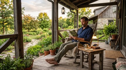 Fototapeta premium A serene moment of escape A man absorbed in a good book, relaxing on a rustic porch overlooking a vibrant sunlit garden, embodying peace and simple mindfulness
