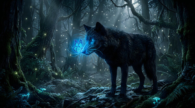 Black wolf standing in a dark magical forest with glowing blue light and floating sparkles