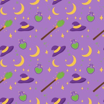 Cute Witch Halloween Seamless Pattern with Hats, Brooms and Potions
