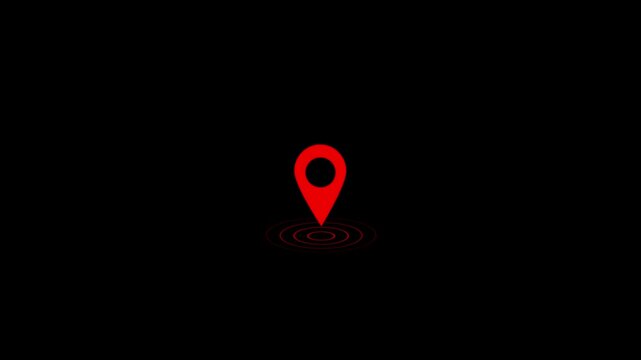 Red map pin location icon animation on black background