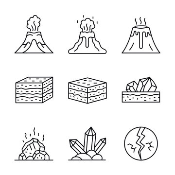 Modern Black and White Line Set of Geological and Volcanic Activity Concepts with high quality professional line art symbols for modern creative design and digital branding projects
